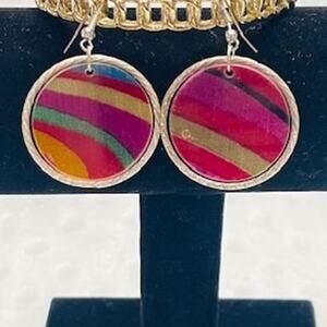 Round Eco Poxy Encased Fabric, Floating Center, Silver Hoop Drop Earrings